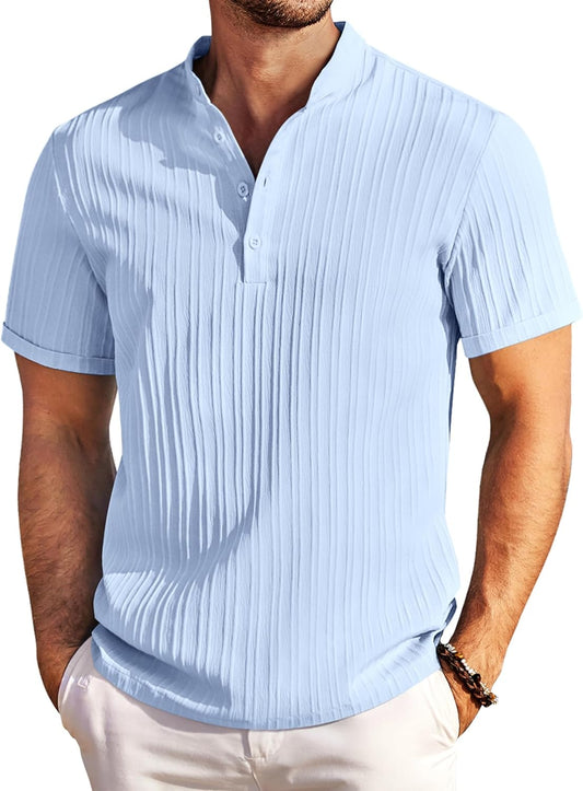 Men Casual Henley Tee Shirt Short Sleeve Band Collar Summer Beach Textured T-Shirt